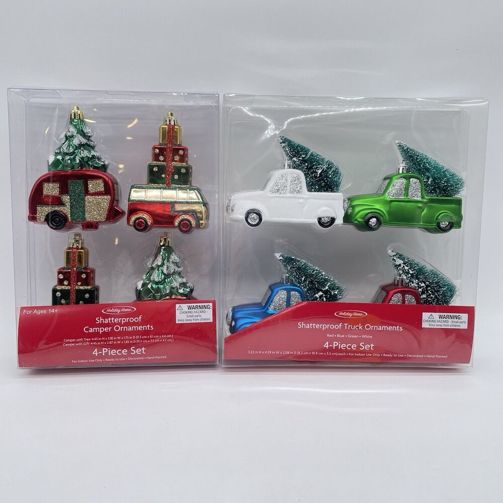 Holiday Home Shatterproof Christmas Ornaments 2 Sets 8 Pc Camper Car Tree